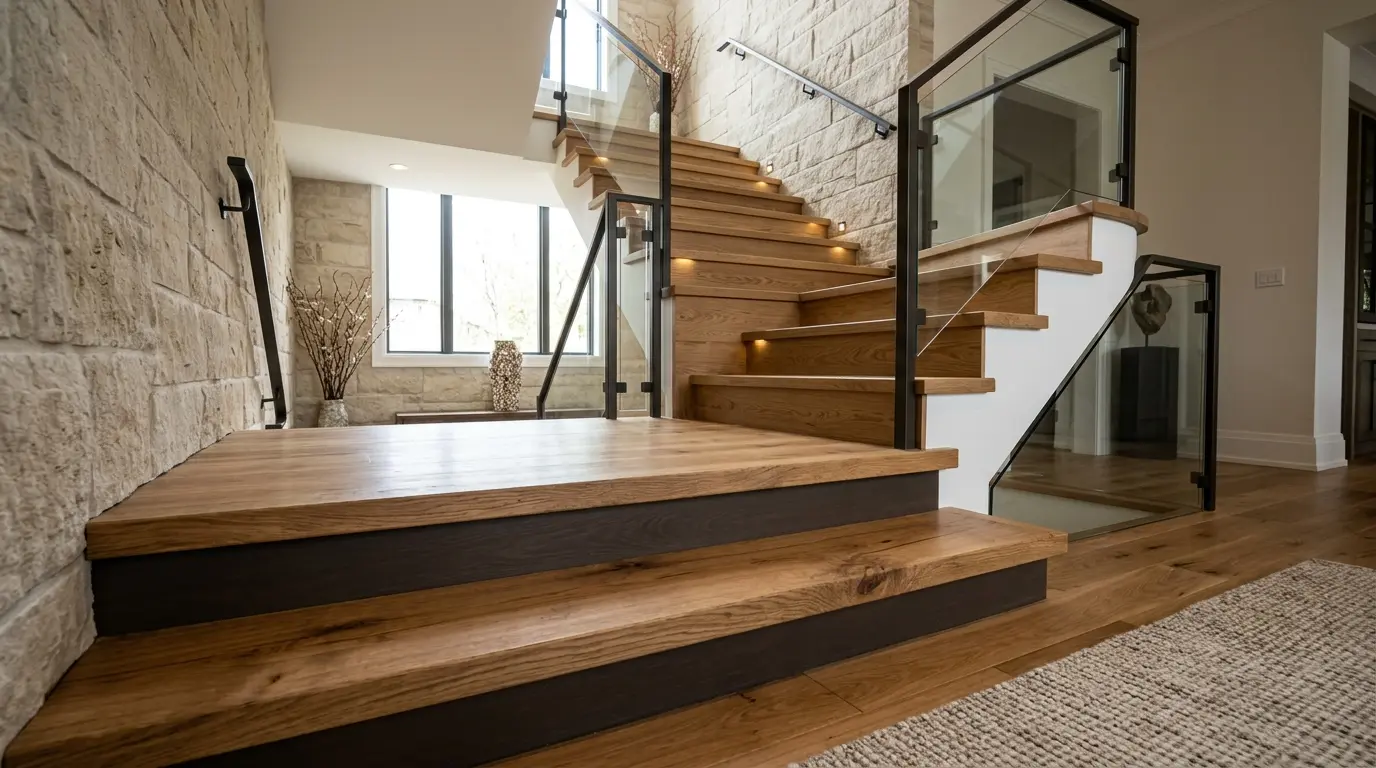 Custom hardwood stair tread installation